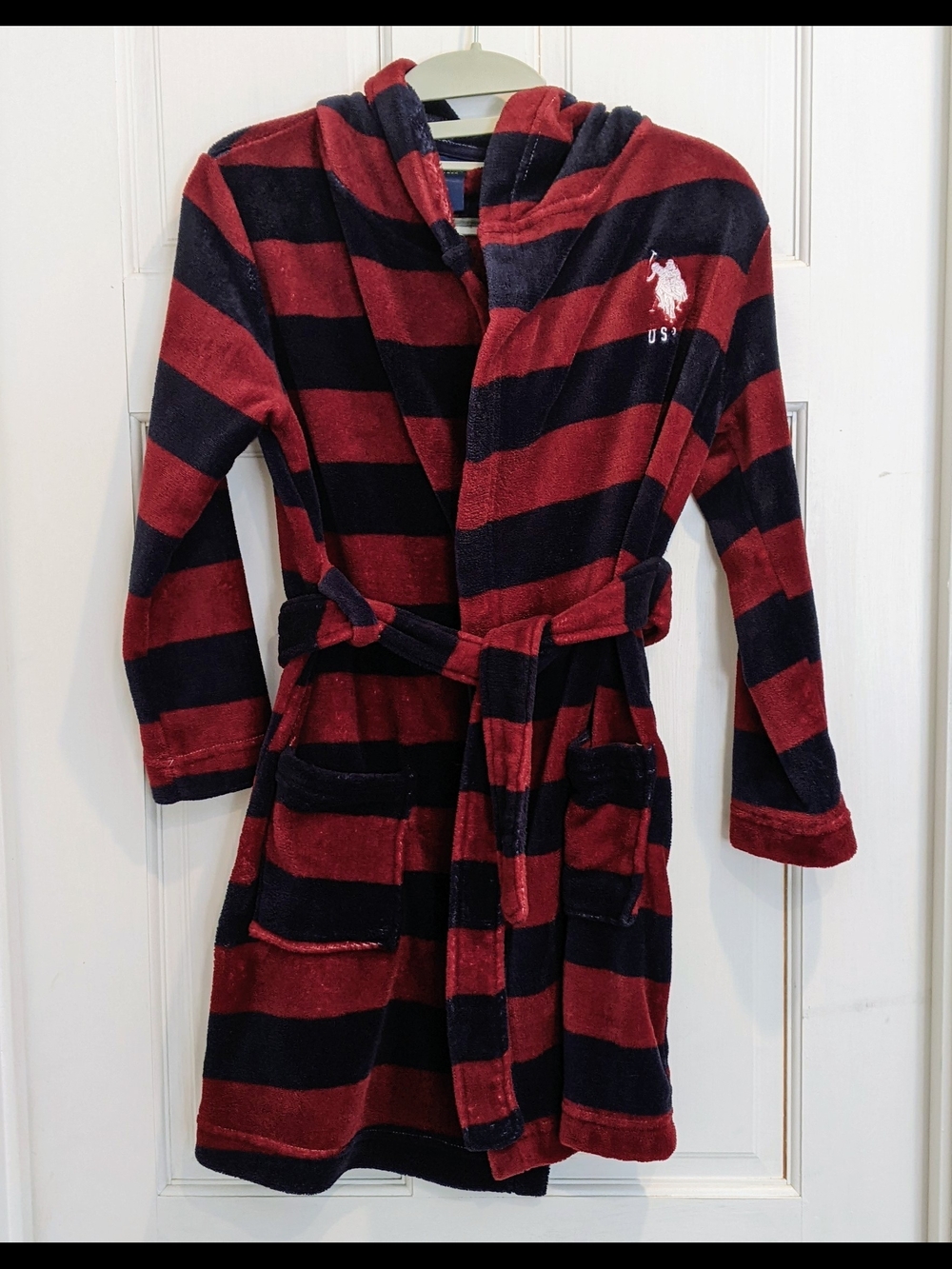 U.S. Polo Assn. Kids' Maroon and Navy Striped Hooded Fleece Bathrobe Size 6/7
